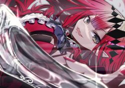 1girl absurdres baobhan_sith_(fate) baobhan_sith_(first_ascension)_(fate) breasts chandra_art detached_sleeves dress earrings fangs fate/grand_order fate_(series) frilled_dress frills grey_eyes hair_ornament highres jewelry long_hair looking_at_viewer open_mouth pink_hair pointy_ears red_dress red_nails shoes sidelocks skin_fangs smile solo unworn_shoes upper_body