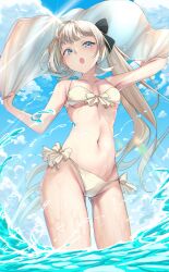 1girl :o absurdres alternate_costume aqua_eyes armpits bare_arms bare_shoulders bikini black_bow blue_sky bow bow_bikini breasts brown_bikini brown_hair cattleya_regina_games collarbone commentary_request cowboy_shot day from_below front-tie_bikini_top front-tie_top gluteal_fold groin hair_ribbon hanabusa_lisa highres holding_cloth kairi_(miry666) light_blush light_rays long_hair looking_ahead navel open_mouth outdoors ribbon side-tie_bikini_bottom side_ponytail sky small_breasts solo splashing splatter stomach sunbeam sunlight swimsuit virtual_youtuber vspo! wading water wet