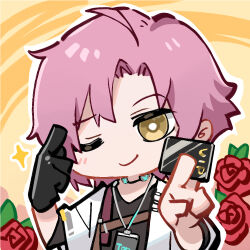 1boy ahoge artist_request black_gloves chibi chibi_only chinese_commentary flower girls&#039;_frontline girls&#039;_frontline_neural_cloud gloves looking_at_viewer lowres male_focus official_art one_eye_closed pink_hair red_flower red_rose rose second-party_source single_glove smile solo sparkle tony_(neural_cloud) yellow_eyes