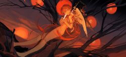 1girl absurdres angel_wings bare_tree breasts chinese_commentary commentary_request completely_nude feathers floating_hair flower from_side hanged head_down highres holding holding_feather long_hair looking_at_viewer looking_to_the_side multiple_wings noose nude orange_hair plant_wings sayonara_wo_oshiete sin_node single_feather small_breasts smile snake solo sugamo_mutsuki tentacles translation_request tree very_long_hair wings
