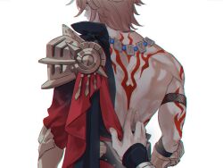 2boys arm_tattoo armlet armor back_tattoo black_coat blonde_hair cape coat from_behind gauntlets gold_necklace gradient_hair hand_on_another&#039;s_back hashtag-only_commentary honkai:_star_rail honkai_(series) jewelry male_focus multicolored_hair multiple_boys necklace open_clothes open_coat pauldrons phainon_(honkai:_star_rail) pov pov_hands red_cape red_hair red_tattoo rrrrrin20 shoulder_armor side_cape simple_background single_pauldron tattoo toned toned_male white_background yaoi