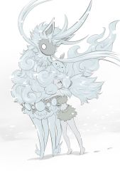1girl barefoot beast cat_(nyanko_daisensou) fluffy footprints high_ponytail highres horns hug looking_at_another mirror murayamawataru no_pupils nyanko_daisensou ponytail single_horn snow snowing tama_(nyanko_daisensou)