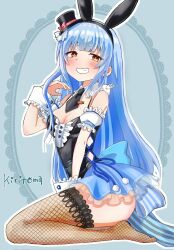 Rule 34 | 1girl, animal ears, bare shoulders, black hairband, black hat, black leotard, black necktie, blue hair, blue skirt, breasts, brown eyes, brown thighhighs, center frills, cleavage, collar, detached collar, detached sleeves, fake animal ears, fishnet thighhighs, fishnets, frilled collar, frilled skirt, frilled sleeves, frills, grey background, grin, hairband, hand up, hat, highres, hololive, kiritoma, leotard, long hair, medium breasts, mini hat, mini top hat, necktie, outline, puffy short sleeves, puffy sleeves, rabbit-shaped pupils, rabbit ears, short necktie, short sleeves, signature, sitting, skirt, smile, solo, symbol-shaped pupils, thighhighs, tilted headwear, top hat, usada pekora, usada pekora (furi furi bunny dress), very long hair, virtual youtuber, wariza, white outline, white sleeves, wing collar, wrist cuffs