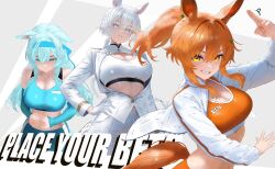 3girls animal_ear_fluff animal_ears arm_up artist_logo averting_eyes bare_shoulders blue_eyes blue_hair blue_headband blue_shorts blue_sports_bra blue_tail braid breasts cleavage clenched_hands collared_jacket commentary compression_sleeve cowboy_shot cropped_jacket cyan_(horse_race_tests) dot_nose double-parted_bangs ears_down english_commentary english_text eyebrows_hidden_by_hair food-themed_hair_ornament gloves grin gym_shorts hair_between_eyes hair_intakes hair_ornament hairclip hand_on_own_hip headband high_ponytail highres horse_ears horse_girl horse_race_tests horse_tail jacket jovial_merryment large_breasts logo long_hair long_sidelocks long_sleeves looking_down midriff multiple_girls name_tag navel open_clothes open_jacket orange_hair orange_sports_bra orange_tail own_hands_together pants parted_lips partially_open_jacket ponytail pracuneth salute shorts shoulder_boards shy sidelocks smile sports_bra sportswear superstitional_realism sweat tail three_quarter_view two-finger_salute upper_body very_long_hair white_gloves white_hair white_jacket white_pants white_sports_bra white_tail yellow_eyes