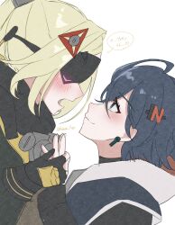 2girls ashimi_fugo belle_(zenless_zone_zero) black_blindfold black_gloves blindfold blonde_hair blue_hair blush gloves green_eyes hair_ornament highres holding_hands implied_yuri letter_hair_ornament long_hair looking_at_another multiple_girls triangle_hair_ornament trigger_(zenless_zone_zero) upper_body zenless_zone_zero