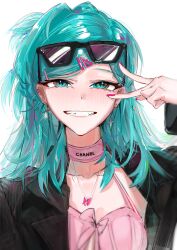 Rule 34 | 1girl, absurdres, alternate costume, aqua eyes, aqua hair, black jacket, blush, bow, breasts, castt77, chanel, choker, collarbone, earrings, eyewear on head, fang, grin, hair ornament, hairclip, half-closed eyes, half updo, halterneck, hatsune miku, highres, hoop earrings, jacket, jewelry, lapels, long hair, looking at viewer, multiple earrings, necklace, notched lapels, open clothes, open jacket, parted bangs, pink bow, pink nails, pink shirt, pink streaks, shirt, shirt bow, side part, silver earrings, single hair intake, small breasts, smile, solo, sunglasses, upper body, v, v over eye, vocaloid, white background