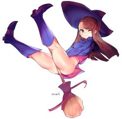 Rule 34 | 1girl, artist name, ass, bad id, bad tumblr id, blush, bottomless, broom, brown hair, female focus, hat, highres, kagari atsuko, legs, legs up, little witch academia, looking at viewer, midair, no panties, one eye closed, red eyes, roropull, signature, simple background, solo, thighs, white background, witch hat