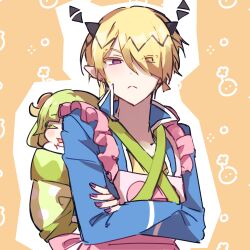 Rule 34 | 1boy, apron, babyls school uniform, backpack, bag, blonde hair, curled horns, earrings, frown, hair over one eye, highres, horns, jewelry, long sleeves, looking at viewer, mairimashita! iruma-kun, pink eyes, pointy ears, purple nails, school uniform, shax lead, stud earrings, upper body, user yjrr4572, valac clara, yellow background