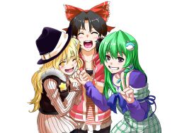 Rule 34 | adapted costume, alternate costume, black hair, black hat, black vest, blonde hair, blush, bow, casual, closed eyes, contemporary, frilled bow, frills, frog hair ornament, green hair, group picture, hair between eyes, hair ornament, hakurei reimu, hands on another&#039;s hands, hat, highres, hood, hoodie, iwa-saka, kirisame marisa, kochiya sanae, long hair, long sleeves, looking at viewer, m.u.g.e.n, multiple girls, one eye closed, open mouth, pink hoodie, red bow, smile, snake hair ornament, star (symbol), striped clothes, touhou, v, vest, yin yang hair ornament