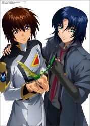 Rule 34 | 2boys, athrun zala, blue hair, brown hair, collared shirt, compass uniform, cover, cover page, elbow gloves, fingerless gloves, gloves, green eyes, gundam, gundam seed, gundam seed freedom, hand on another&#039;s shoulder, highres, jacket, kira yamato, long sleeves, looking at viewer, male focus, military uniform, multiple boys, necktie, non-humanoid robot, official art, open clothes, open jacket, purple eyes, red necktie, robot, robot animal, shirt, short hair, simple background, smile, upper body, white background