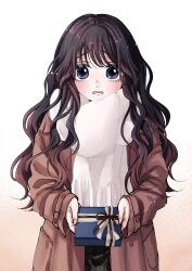 1girl absurdres black_eyes black_hair blush brown_coat coat cowboy_shot eyelashes gift gradient_background grey_skirt highres holding holding_gift kaoru_hana_wa_rin_to_saku long_hair long_sleeves looking_at_viewer lower_teeth_only mikami_saka no_pupils official_art open_clothes open_coat open_mouth plaid_clothes plaid_skirt pocket raised_inner_eyebrows scarf skirt solo standing straight-on sweatdrop swept_bangs teeth waguri_kaoruko wavy_hair white_scarf