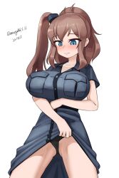 Rule 34 | 1girl, absurdres, black dress, black panties, blue eyes, breast pocket, breasts, brown hair, clothes lift, dated, dress, dress lift, high side ponytail, highres, kantai collection, large breasts, maru (marg0613), one-hour drawing challenge, panties, pocket, saratoga (kancolle), saratoga mk ii (kancolle), side ponytail, simple background, smokestack hair ornament, solo, twitter username, underwear, white background