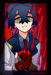 1boy absurdres black_border black_hair blue_shirt border collared_shirt commentary_request crossed_bangs dated gloves hair_between_eyes hairband highres holding holding_poke_ball jacket kieran_(pokemon) long_sleeves looking_at_viewer male_focus mole mole_on_neck nintendo partially_fingerless_gloves pkf273ash poke_ball poke_ball_(basic) pokemon pokemon_sv red_gloves shirt solo twitter_username upper_body white_jacket yellow_eyes yellow_hairband