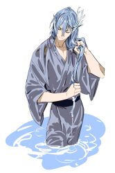 1boy black_sash blue_hair chinese_clothes closed_eyes closed_mouth commission coral_hair_ornament cowboy_shot drying drying_hair fins grey_robe hair_between_eyes hair_over_shoulder head_fins highres korean_commentary long_hair long_sleeves male_focus nahna robe sash shunde_raw_fish_(the_tale_of_food) simple_background solo the_tale_of_food three-quarter_sleeves wading water wet wet_clothes wet_hair white_background