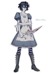 Rule 34 | absurdres, alice: madness returns, alice liddell (american mcgee&#039;s alice), alice liddell (american mcgee&#039;s alice) (cosplay), american mcgee&#039;s alice, apron, back bow, black boots, black hair, blood, blood on clothes, bloody weapon, blue dress, boots, bow, chinese commentary, closed mouth, collared dress, colored sclera, colored skin, commentary request, copyright name, cosplay, crossdressing, crossdressing (mtf), dress, english text, full body, grey outline, hair between eyes, hand on own arm, highres, holding, holding knife, horseshoe necklace, jzstraight, knife, male focus, outline, petticoat, puffy short sleeves, puffy sleeves, saibou shinkyoku, short hair, short sleeves, simple background, two-tone pantyhose, utsugi noriyuki, weapon, white apron, white background, white bow, white skin, yellow sclera