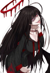 1girl absurdres antenna_hair black_hair black_nails black_serafuku black_skirt blood blood_halo blood_on_clothes blue_archive breasts cleavage halo highres large_breasts liquid_halo long_hair mikuri_mihato neckerchief open_mouth pale_skin red_eyes red_neckerchief school_uniform serafuku simple_background skirt solo teeth tongue tongue_out tsurugi_(blue_archive) undone_neckerchief upper_teeth_only white_background