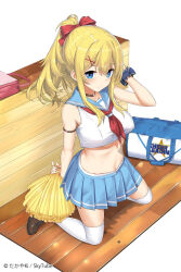 1girl arm_strap arm_up bag bare_arms bare_shoulders black_choker blue_eyes blue_sailor_collar blue_skirt bow breasts brown_shoes cheerleader choker closed_mouth crop_top crop_top_overhang detexted duffel_bag hair_bow hair_ornament hairclip highres holding holding_pom_poms kneeling loafers long_hair looking_at_viewer medium_breasts midriff miniskirt mizuhara_maria navel neckerchief original pleated_skirt pom_pom_(cheerleading) pom_poms ponytail sailor_collar school_uniform serafuku shirt shoes sidelocks skirt skytube sleeveless sleeveless_shirt smile solo stomach takayaki thighhighs thighs third-party_edit underboob white_shirt white_thighhighs wrist_cuffs x_hair_ornament zettai_ryouiki