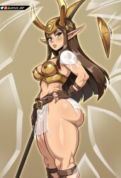 1girl abs absurdres armor artist_name ass bare_hips bare_legs blannis breasts brown_armor brown_background brown_eyes brown_gloves brown_hair dark-skinned_female dark_skin elf eyebrows eyelashes feet_out_of_frame female_focus fingerless_gloves from_side gloves helmet highres huge_ass large_breasts loincloth long_hair long_pointy_ears looking_at_viewer looking_to_the_side matching_hair/eyes muscular muscular_arms muscular_female muscular_legs pointy_ears serious simple_background solo standing thick_thighs thighs wakfu white_loincloth