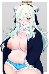 1girl black_dress blue_hair blue_shorts blush breasts commentary_request cowboy_shot doubliel dress fake_halo fat green_hair grey_background hair_between_eyes hair_over_one_eye halo highres horns large_breasts long_bangs long_hair looking_at_viewer mahjong_fight_girl multicolored_hair navel nipples no_bra nrkashiwa_r18 open_clothes open_dress open_mouth purple_eyes short_shorts shorts solo streaked_hair two-tone_background white_horns yellow_halo