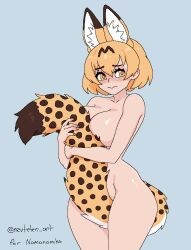 1girl animal_ear_fluff animal_ears bare_shoulders blonde_hair blue_background blush breasts cat_ears cat_girl cat_tail closed_mouth collarbone completely_nude convenient_censoring covered_erect_nipples covering_privates embarrassed extra_ears hair_between_eyes hugging_own_tail hugging_tail kemono_friends large_breasts large_tail looking_to_the_side nervous nevtelen nude serval_(kemono_friends) short_hair sideboob simple_background solo spotted_tail tail twitter_username watermark yellow_eyes