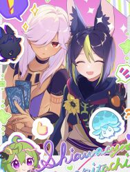 ! 2boys ? ^_^ animal_ear_fluff animal_ears black_choker black_hair blush card choker closed_eyes collei_(genshin_impact) cyno_(genshin_impact) dark-skinned_male dark_skin flower fox_boy fox_ears fungi_(genshin_impact) genius_invokation_tcg genshin_impact green_hair hair_over_one_eye heart highres holding holding_card hood hood_down looking_at_viewer male_focus multicolored_hair multiple_boys open_mouth parted_lips pink_hair purple_eyes red_eyes snzisnr sparkle spoken_exclamation_mark spoken_thumbs_up tighnari_(genshin_impact) yellow_flower