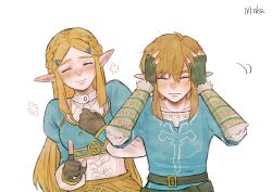 1boy 1girl ^_^ artist_name black_gloves blonde_hair blue_shirt braid champion&#039;s_tunic_(zelda) closed_eyes commentary crown_braid english_commentary fingerless_gloves gloves hair_ornament hairclip highres link long_hair meli_403_mika nintendo pointy_ears princess_zelda shirt short_hair simple_background the_legend_of_zelda the_legend_of_zelda:_breath_of_the_wild the_legend_of_zelda:_tears_of_the_kingdom white_background