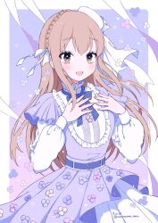 1girl :d belt bib_collar blush bow bowtie braid brown_eyes brown_hair choppy_bangs crown_braid double-parted_bangs dress dress_flower flower frilled_shirt_collar frills hair_ribbon hands_on_own_chest hat highres layered_dress layered_sleeves long_hair long_sleeves looking_at_viewer maumauma_mau nijisanji official_alternate_costume open_mouth pillbox_hat purple_bow purple_bowtie purple_dress ribbon short_over_long_sleeves short_sleeves sister_claire sister_claire_(10th_costume) smile solo straight_hair twitter_username virtual_youtuber white_hat white_ribbon
