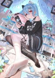 1girl bad_link bare_shoulders feet foot_focus foreshortening highres holding holding_phone kia legs nail_polish original oriti4 phone soles toenail_polish toenails toes