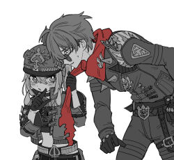 1boy 1girl belt blush crop_top crossed_bangs gloves greyscale hair_between_eyes helmet jacket lighter_(zenless_zone_zero) long_sleeves luciana_de_montefio mask mask_around_neck monochrome open_clothes open_jacket pants parted_lips popochi_fuwa red_scarf scarf scarf_pull shirt side_ponytail simple_background spiked_jacket spot_color sunglasses sweat torn_clothes torn_scarf zenless_zone_zero