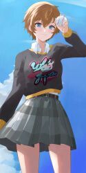 1girl arai_motoha ball belt black_belt black_sweater blue_eyes blue_sky brown_hair closed_mouth clothes_writing collared_shirt highres holding holding_ball konchi_(63438789) light_blush outdoors persona persona_5 persona_5:_the_phantom_x pleated_skirt shirt short_hair skirt sky solo sweater white_shirt