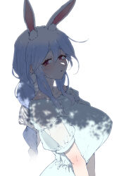 1girl aemaru_(kenzenahemaru) animal_ear_fluff animal_ears blue_hair braid braided_ponytail breasts dress highres hololive large_breasts long_hair looking_at_viewer mature_female multicolored_hair open_mouth pekomama rabbit_ears rabbit_girl shade short_eyebrows solo sweat thick_eyebrows tree_shade two-tone_hair virtual_youtuber white_hair