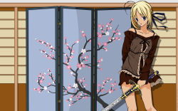 Rule 34 | 00s, artoria pendragon (fate), blonde hair, cherry blossoms, excalibur (fate/stay night), fate/stay night, fate (series), highres, miniskirt, saber (fate), skirt, sword, weapon