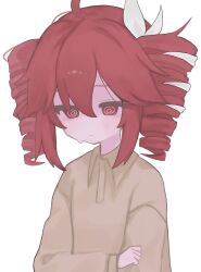 1girl @_@ ahoge bow collared_shirt drill_hair edari0419 hair_between_eyes hair_bow highres kasane_teto kasane_teto_(sv) long_sleeves looking_down red_eyes red_hair shirt short_hair solo sweatdrop synthesizer_v twin_drills upper_body white_background white_bow