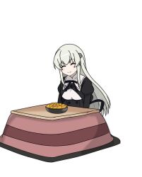 1girl ^_^ arms_at_sides assault_lily black_ribbon black_skirt blush bowl breasts buttons closed_eyes closed_mouth commentary cropped_jacket egawa_kusumi facing_viewer flower food fruit full_body grey_hair hair_flower hair_ornament high-waist_skirt juliet_sleeves kimassi kotatsu long_hair long_sleeves mandarin_orange medium_breasts neck_ribbon puffy_sleeves ribbon school_uniform sidelocks simple_background sitting skirt smile solo table under_kotatsu under_table very_long_hair white_background white_flower yurigaoka_girls_academy_school_uniform