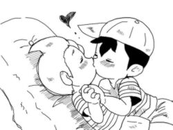 artist_request bad_tag black_hair child hat kiss lucas_(mother_3) mother_(series) mother_2 mother_3 ness_(mother_2) nintendo shirt shota striped_clothes striped_shirt super_smash_bros yaoi