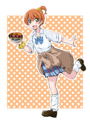 Rule 34 | 1girl, absurdres, brown shoes, checkered clothes, checkered skirt, cup ramen, highres, hoshizora rin, love live!, shoes, skirt, socks, white socks