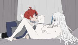 1boy 1girl 4oji344 absurdres ahoge completely_nude heterochromia highres hood hoodie long_hair nude purple_eyes red_hair sexually_suggestive short_hair sumino_takumi the_hundred_line_-last_defense_academy- v&#039;ehxness white_hair
