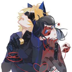 1boy 1girl belt black_bodysuit black_gloves black_hair blonde_hair blue_eyes bodysuit bug chat_noir fufu49829 gloves green_eyes insect ladybug ladybug_(character) looking_at_another mask miraculous_ladybug open_mouth polka_dot red_ribbon ribbon superhero_costume white_background