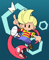 1boy animal blonde_hair holding holding_animal holding_snake lucas_(mother_3) male_focus mother_(series) mother_3 nintendo orange_shoes quiff rope_snake shenanimation shirt shoes shorts snake striped_clothes striped_shirt super_smash_bros.