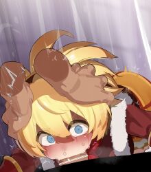 1boy 1girl absurdres bar_censor blonde_hair blue_eyes blush censored deepthroat fellatio fur-trimmed_jacket fur_trim hands_on_another&#039;s_head hetero highres irrumatio jacket looking_at_viewer megido72 mizumizuni oral penis red_jacket red_scarf scarf shax_(megido72) sweat