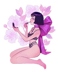 Rule 34 | 1girl, applying makeup, black bra, black panties, bob cut, bra, cosmetics, floral background, full body, highres, holding, holding lipstick tube, lipstick tube, original, panties, powderbrush, short hair, sitting, solo, underwear, underwear only, wariza