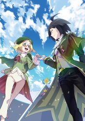 1boy 1girl :d ahoge ascot bianca_(champion)_(pokemon) bianca_(pokemon) black_hair black_pants blonde_hair cheren_(champion)_(pokemon) cheren_(pokemon) closed_mouth cloud coat collared_shirt commentary_request day from_below gloves green_coat green_eyes green_hat hand_up happy hat highres holding_hands nintendo official_alternate_costume open_clothes open_coat open_mouth outdoors pants pokemon pokemon_masters_ex red-framed_eyewear semi-rimless_eyewear shirt short_hair sky smile teeth tongue upper_teeth_only white_gloves white_shirt yuro_(mangasukinoyuro)