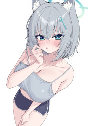 1girl alternate_costume animal_ear_fluff animal_ears bare_arms bare_shoulders blue_archive blue_shoes blue_shorts blush breasts cleavage crop_top cross_hair_ornament grey_hair hair_between_eyes hair_ornament hand_on_own_cheek hand_on_own_face highres large_breasts long_hair looking_at_viewer metaljelly open_mouth shiroko_(blue_archive) shirt shoes short_shorts shorts sidelocks sleeveless sleeveless_shirt solo wolf_ears wolf_girl