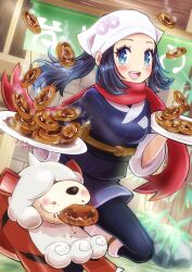 1girl akari_(pokemon) black_hair black_sash blush eating eyelashes galaxy_expedition_team_survey_corps_uniform grey_eyes headscarf highres hisuian_growlithe holding holding_plate jacket long_hair nintendo open_mouth pantyhose plate pokemon pokemon_(creature) pokemon_legends:_arceus ponytail red_scarf sash scarf sheyona shirt sidelocks smile tray white_headscarf