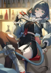 Rule 34 | 1girl, absurdres, animal ears, black gloves, black hair, black shirt, black shorts, blunt bangs, boots, bottle, breasts, brown pantyhose, chair, chinese commentary, commentary request, crop top, cropped jacket, dagger, dai mao xuan yi, dated, fingerless gloves, fur trim, gloves, green eyes, green hair, green jacket, grey boots, high-waist shorts, highres, holding, holding dagger, holding knife, holding weapon, indoors, jacket, jane doe (zenless zone zero), knee boots, knee up, knife, long hair, long sleeves, looking at viewer, low ponytail, medium breasts, midriff, mouse ears, mouse tail, multicolored hair, nail polish, necktie, on chair, open clothes, open jacket, pantyhose, ponytail, red nails, shirt, short shorts, shorts, signature, sitting, smile, solo, tail, torn clothes, torn pantyhose, turtleneck, two-tone hair, undershirt, very long hair, weapon, zenless zone zero