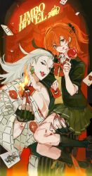 1boy 1girl :q ashiya_douman_(asagao-patterned_yukata)_(fate) ashiya_douman_(fate) asymmetrical_sleeves black_eyes black_gloves black_hair black_jacket black_kimono black_scrunchie black_socks blood blood_on_arm blood_on_clothes blood_on_face blood_on_leg blurry bow bowtie brown_footwear burning candy_apple card carrying carrying_person child_carry chromatic_aberration closed_mouth cowboy_shot depth_of_field earrings english_text fangs fate/grand_order fate_(series) fingerless_gloves fingernails floral_print food fujimaru_ritsuka_(female) fujimaru_ritsuka_(female)_(souya_high_school_uniform) gloves green_sash green_skirt hair_between_eyes hair_ornament hair_scrunchie hair_slicked_back highres holding holding_card holding_food jacket japanese_clothes jewelry joker_(playing_card) kimono kneehighs long_sleeves looking_at_viewer magatama magatama_earrings medium_hair morning_glory_print multicolored_hair nail_polish neon_sign open_clothes open_kimono open_mouth orange_eyes orange_hair orange_sweater outdoors pectoral_cleavage pectorals playing_card pleated_skirt print_kimono red_bow red_bowtie red_nails sash school_uniform scrunchie sharp_fingernails shikigami shirt shoes side_ponytail sign skirt sleeves_past_wrists sleeves_pushed_up socks split-color_hair sweater sweater_vest teeth tongue tongue_out two-tone_kimono white_hair white_kimono white_shirt wide_sleeves xubeichaoyansuan yukata