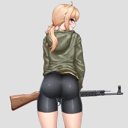 1girl absurdres ass ass_focus assault_rifle bike_shorts blonde_hair blue_eyes camouflage camouflage_jacket ceramic_plate commentary cowboy_shot english_commentary from_behind grey_background gun highres holding holding_gun holding_weapon jacket long_hair looking_at_viewer original ponytail rifle smile solo stg44 teeth weapon