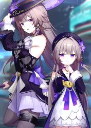 2girls absurdres aviary bare_shoulders black_pantyhose blurry blurry_background choker closed_mouth detached_sleeves dress grey_hair hat herta_(honkai:_star_rail) herta_(puppet)_(honkai:_star_rail) highres honkai:_star_rail honkai_(series) long_hair long_sleeves multiple_girls open_mouth pantyhose purple_choker purple_eyes the_herta_(honkai:_star_rail) very_long_hair witch_hat