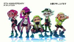 +_+ 5girls agent_3_(splatoon) agent_4_(splatoon) agent_8_(splatoon) anniversary arm_up artist_logo baseball_cap beanie bike_shorts black-framed_eyewear black_cape black_footwear black_hair black_legwear black_shirt black_shorts black_skirt blonde_hair blunt_bangs boots bracelet brown_eyes callie_(agent_1_casual)_(splatoon) callie_(splatoon) cape chichi_band combat_boots commentary copyright_name crop_top dark-skinned_female dark_skin earrings english_text gradient_hair green_hair green_headwear grey_hair half-closed_eye half-closed_eyes hat hat_ornament headgear high_heel_boots high_heels ink_tank_(splatoon) inkling inkling_girl inkling_player_character jacket jewelry logo long_hair long_sleeves marie_(agent_2_casual)_(splatoon) marie_(splatoon) mask midriff miniskirt mouth_mask multicolored_hair multiple_girls nintendo octoling octoling_girl octoling_player_character open_clothes open_jacket orange_eyes orange_hair pantyhose pencil_skirt pointy_ears print_headwear purple_eyes purple_hair purple_headwear purple_jacket purple_legwear red_hair reflection shirt shoes short_hair shorts single_vertical_stripe skirt sleeveless sleeveless_shirt smirk sneakers socks splatoon_(series) splatoon_1 splatoon_2 splatoon_2:_octo_expansion squatting star_(symbol) star_hat_ornament straight-laced_footwear suction_cups sunglasses sweatdrop swept_bangs tentacle_hair thigh_strap tinted_eyewear torn_cape torn_clothes translated very_long_hair vest white_background white_shirt yellow_jacket yellow_shoes yellow_vest