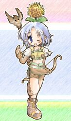 Rule 34 | 1girl, 2000s (style), bird, blonde hair, blue background, blue eyes, blue hair, blush, boots, bow (weapon), breasts, brown boots, brown gloves, brown shirt, brown shorts, brown skirt, brown socks, commentary request, crop top, elbow gloves, exp mochi, falcon, fingerless gloves, flower, flower on head, full body, gloves, holding, holding bow (weapon), holding weapon, hunter (ragnarok online), looking at viewer, midriff, miniskirt, navel, one eye closed, open mouth, ragnarok online, shirt, short hair, short shorts, short sleeves, shorts, shorts under skirt, skirt, small breasts, smile, socks, solo, standing, standing on one leg, sunflower, weapon